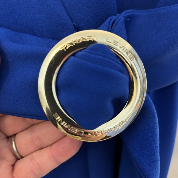 Tahari Arthur S. Levine Blue Belted Midi Faux Wrap Dress Collared Neck - Picture 7 of 11